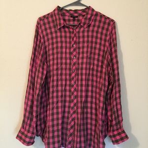 Talbots blouse, deep pink & olive plaid